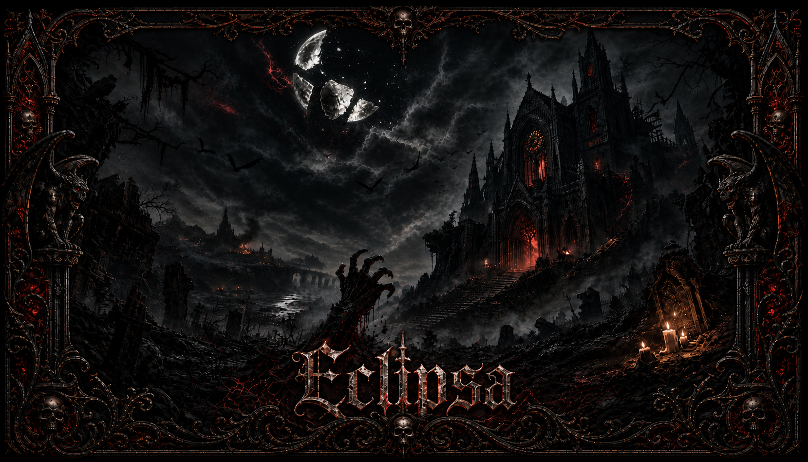 Eclipsa gothic horror banner showing a ruined cathedral beneath a shattered moon, framed by dark ornament and candlelight.
