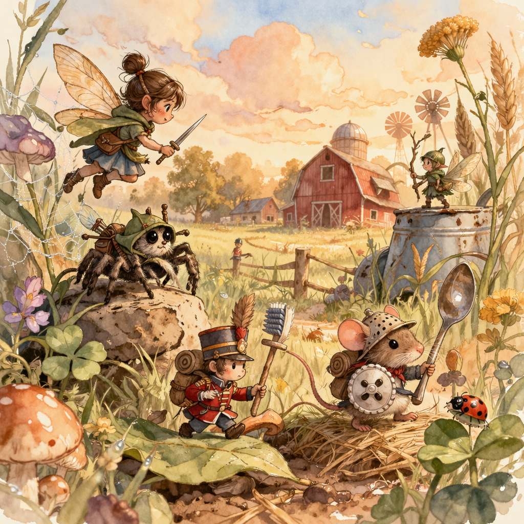 Small Wilds watercolor banner showing tiny winged heroes and small animal companions adventuring through a farm field.